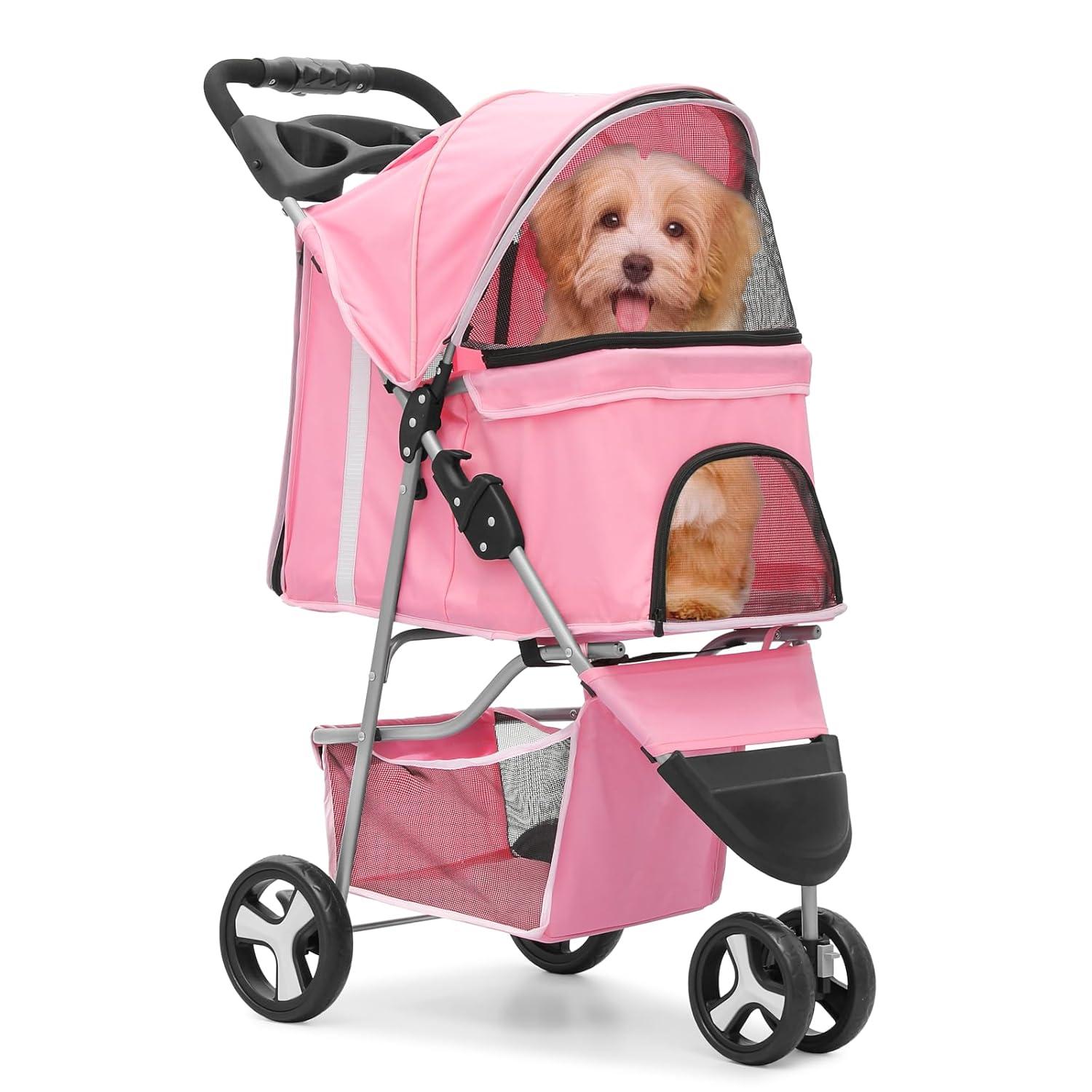 Pink Foldable Pet Stroller with Storage and Cup Holder