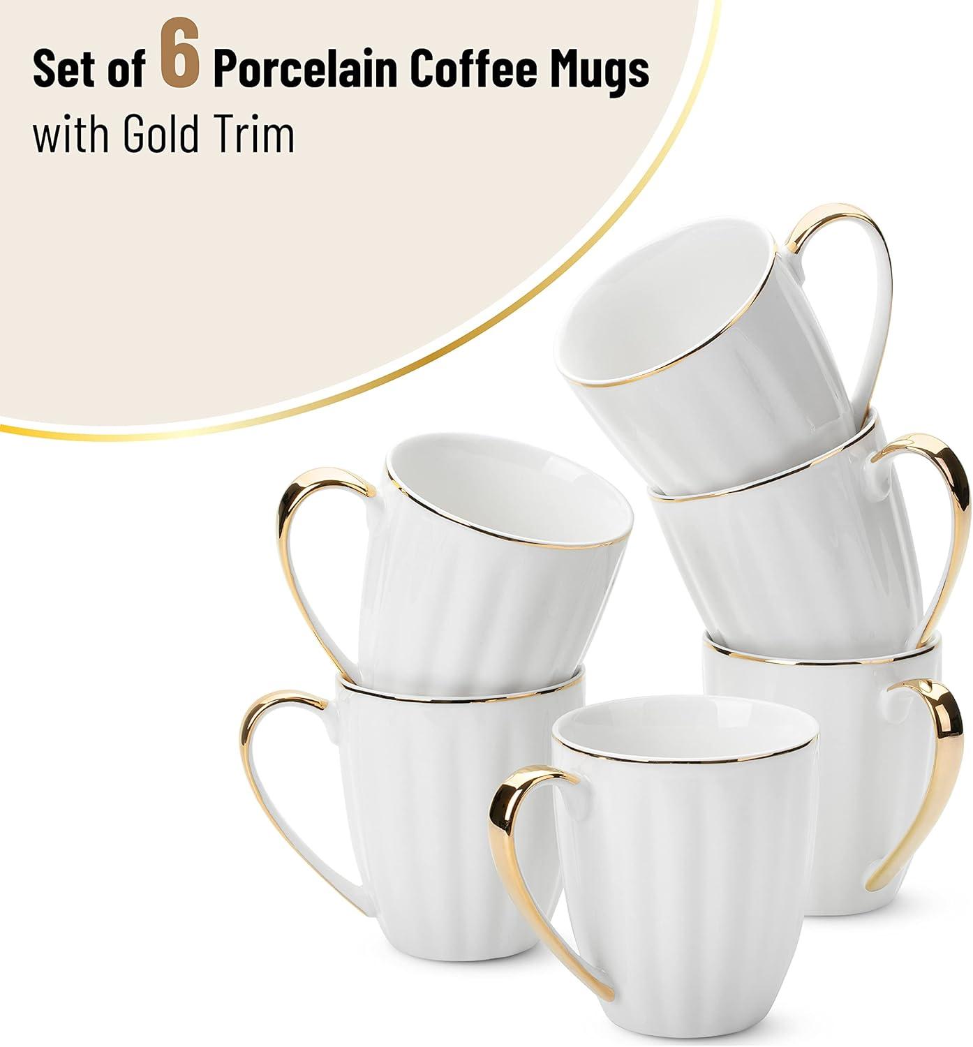 White Porcelain Coffee Mugs with Gold Trim, Set of 6