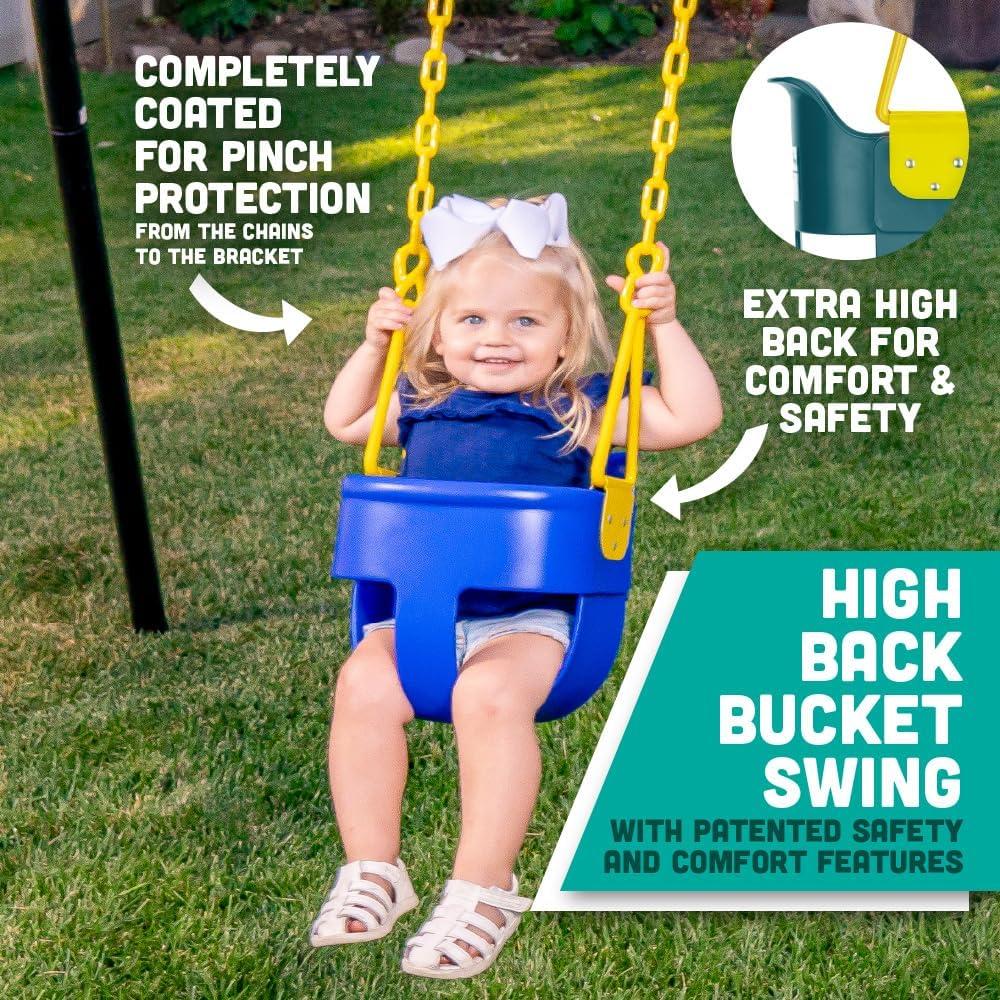 Premium High Back Full Bucket Toddler Swing Seat with Finger Grip, Plastic Coated Chains and Carabiners for Easy Install - Blue - Squirrel Products