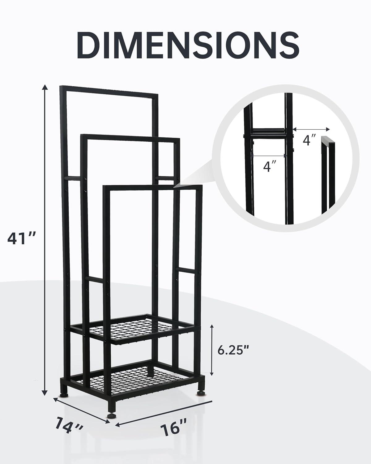 Black 41" H Free Standing 3 Tier Blanket Rack with 2 Storage Shelves - Anti-Rust Towel Rack for Bathroom, Outdoor, Bath & Pool (41"x16"x12")