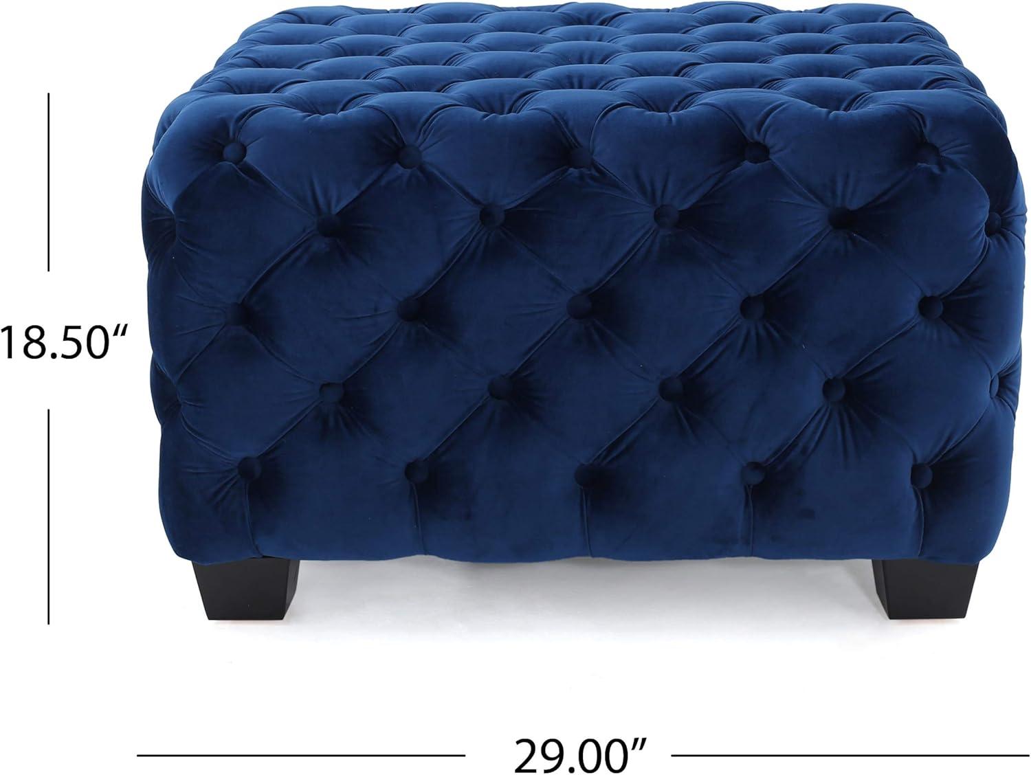 Thaurin Modern Glam Button Tufted Velvet Ottoman, Navy Blue and Dark Brown
