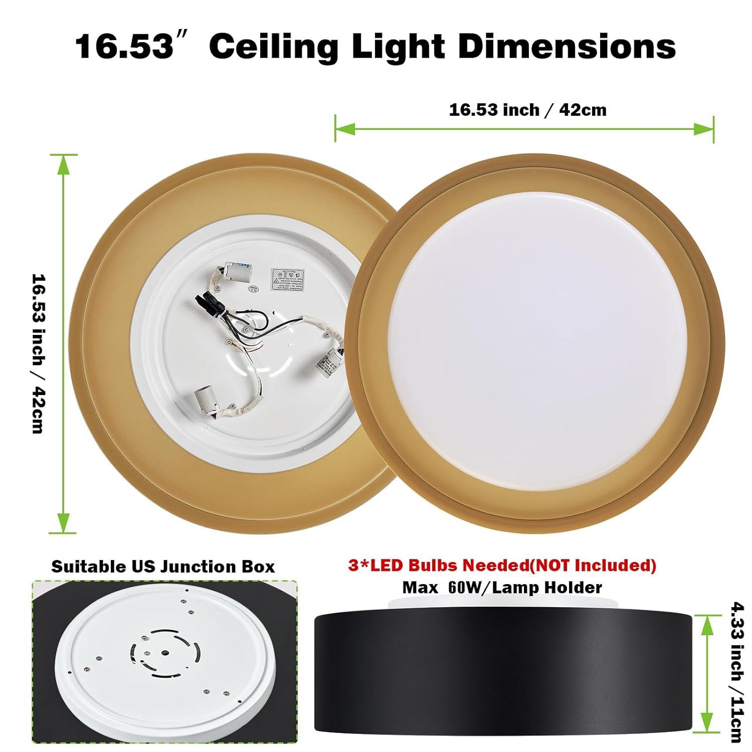 Modern Black and Gold Flush Mount Ceiling Lights, 16.5" Minimalist Glass Round Ceiling Lighting, Drum Close to Ceiling Light Fixtures for Living Room, Bedroom, Dining Room, Kitchen, Hallways