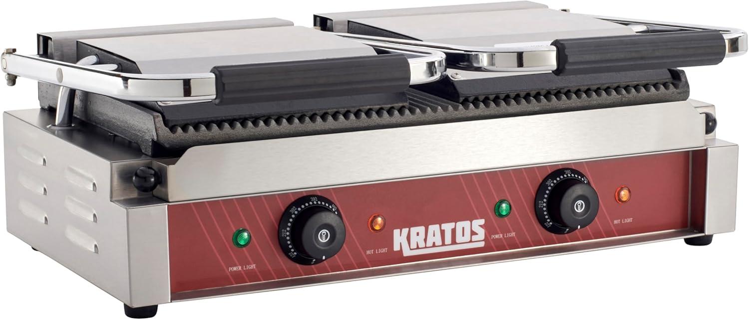 Kratos Commercial Electric Panini Sandwich Grill with Grooved Plates, 9" x 9" Cooking Surface, Commercial Countertop Panini Press, 120V, 1750W (29Y-017)