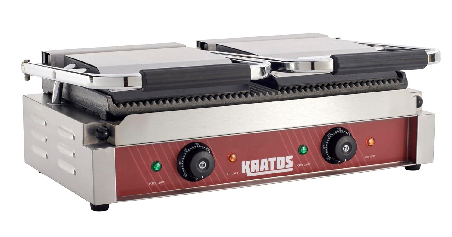 Kratos Commercial Electric Panini Sandwich Grill with Grooved Plates, 9" x 9" Cooking Surface, Commercial Countertop Panini Press, 120V, 1750W (29Y-017)