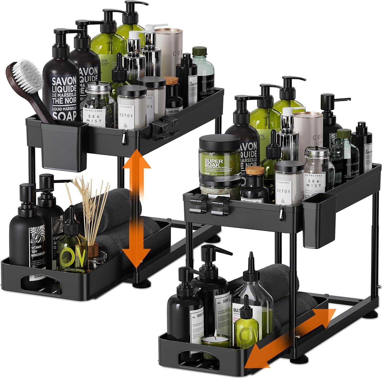 Rebrilliant Under Sink Organizers And Storage, 2 Pack Height Adjustable Bathroom Cabinet Organizer, 2 Tier Sliding Under Sink Organizer, Sturdy Pull Out Bathroom Storage, With 12 Hooks & Hanging Cups, Black