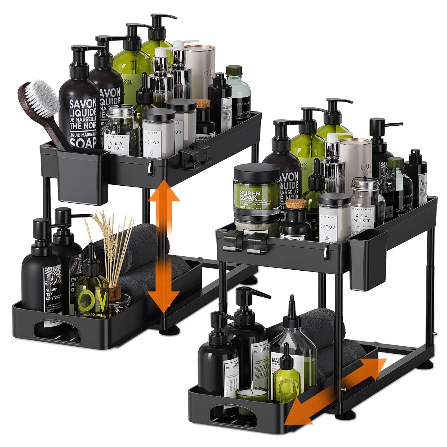 Rebrilliant Under Sink Organizers And Storage, 2 Pack Height Adjustable Bathroom Cabinet Organizer, 2 Tier Sliding Under Sink Organizer, Sturdy Pull Out Bathroom Storage, With 12 Hooks & Hanging Cups, Black