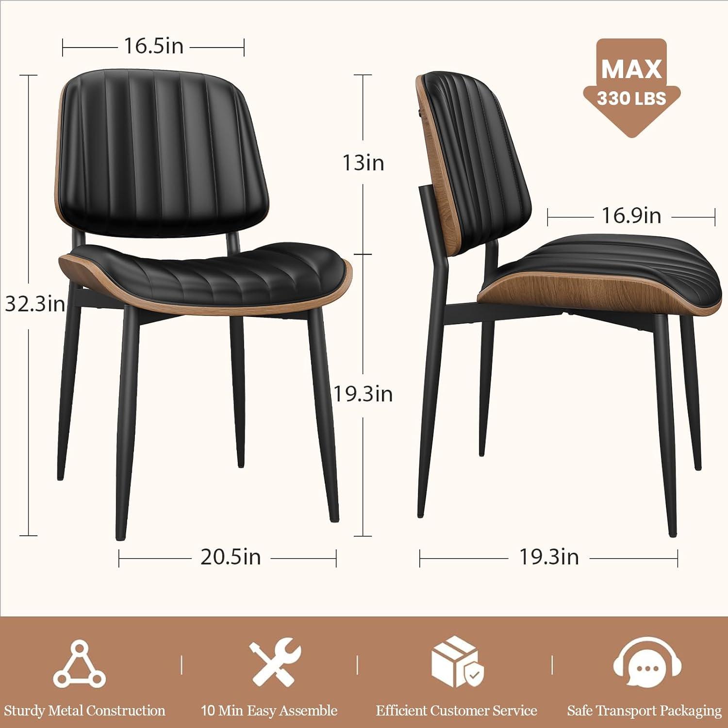 Dining Chairs Set of 2, Mid Century Modern Retro Faux Leather Chair with Walnut Bentwood Back, Upholstered Seat Metal Legs & Adjustable Foot for Kitchen Dining Room Chairs(Black PU)