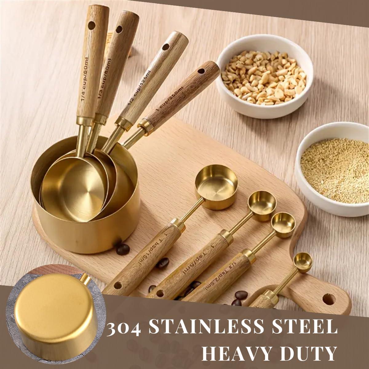 ODOMY 8Pcs Measure Cup and Spoon Set Gold Measuring Cup Spoon Set with Wooden Handle Stainless Steel Stackable Kitchen and Baking Measurement Kitchen Accessories for Home Kitchen Party