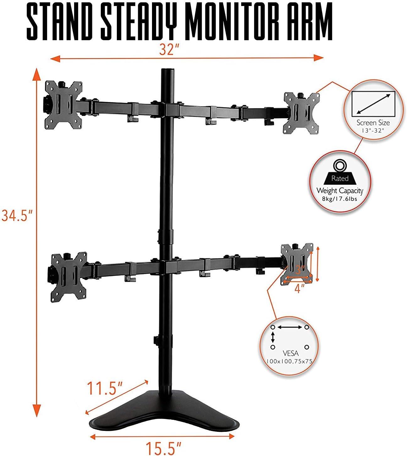 Quadruple Monitor Mount Freestanding Monitor Arm with 4 Adjustable VESA Mounts Black Stand Steady