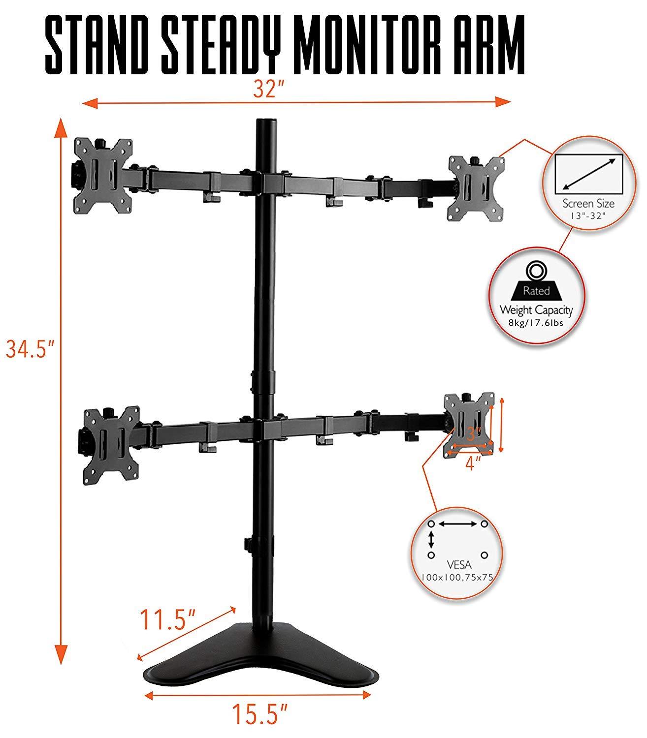 Quadruple Monitor Mount Freestanding Monitor Arm with 4 Adjustable VESA Mounts Black Stand Steady