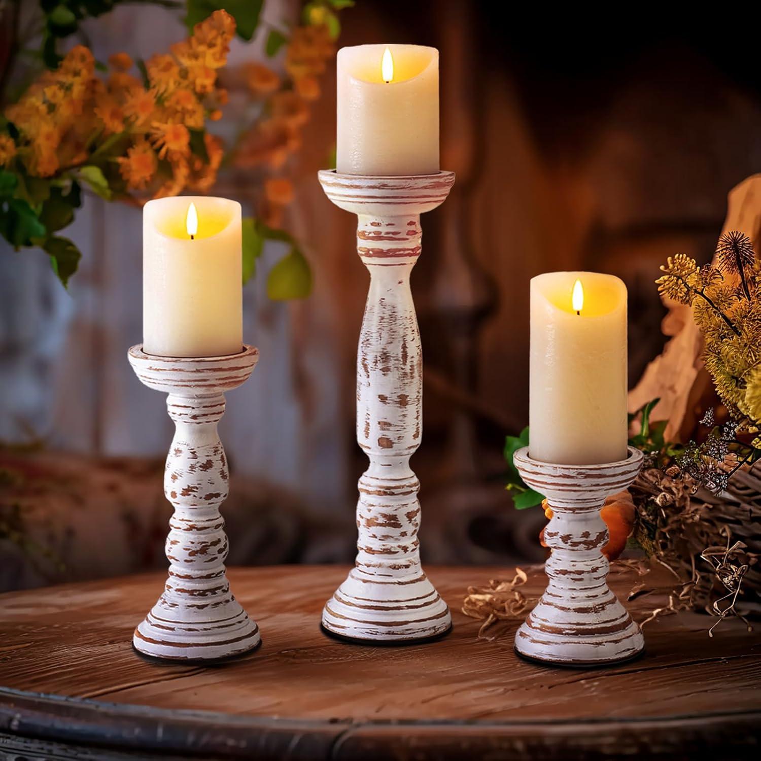 Farmhouse Wood Candle Holders For Pillar Candles Set Of 3