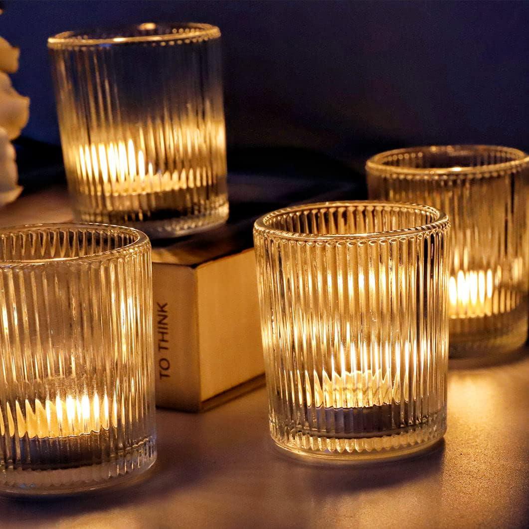 Clear Ribbed Glass Votive Candle Holders Set of 12