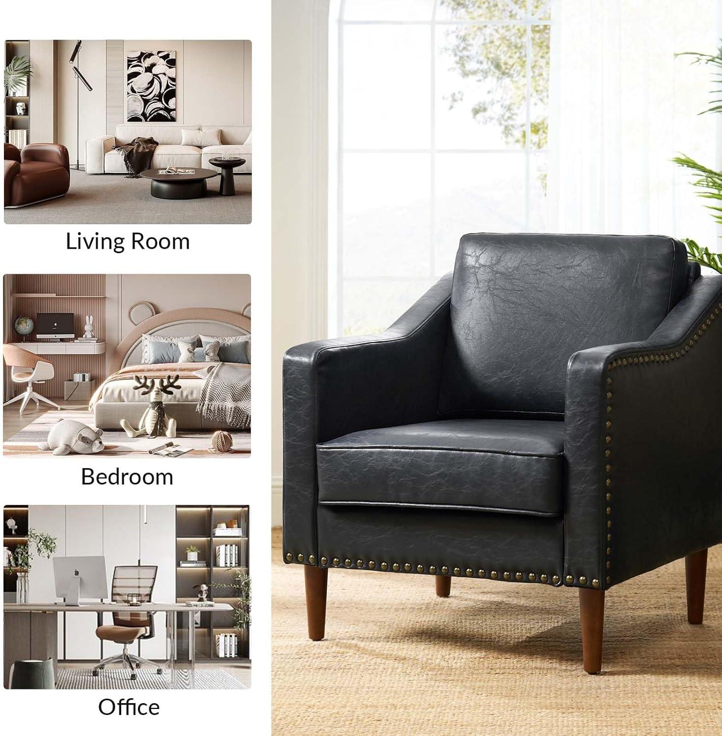 HULALA HOME Faux Leather Accent Armchairs Set of 2 with Back & Seat Cushions, Traditional Club Chairs with Nailhead Trim, Comfy Upholstered Sofa Chairs for Living Room Bedroom, Beige