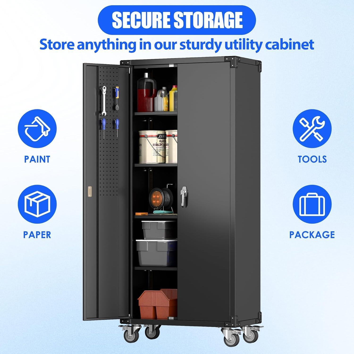 AOBABO 72 Inch Locking Metal Garage Storage Cabinet with Universal Rubber Wheels with Lockable Casters, Pegboards, and Magnetic Doors, Black