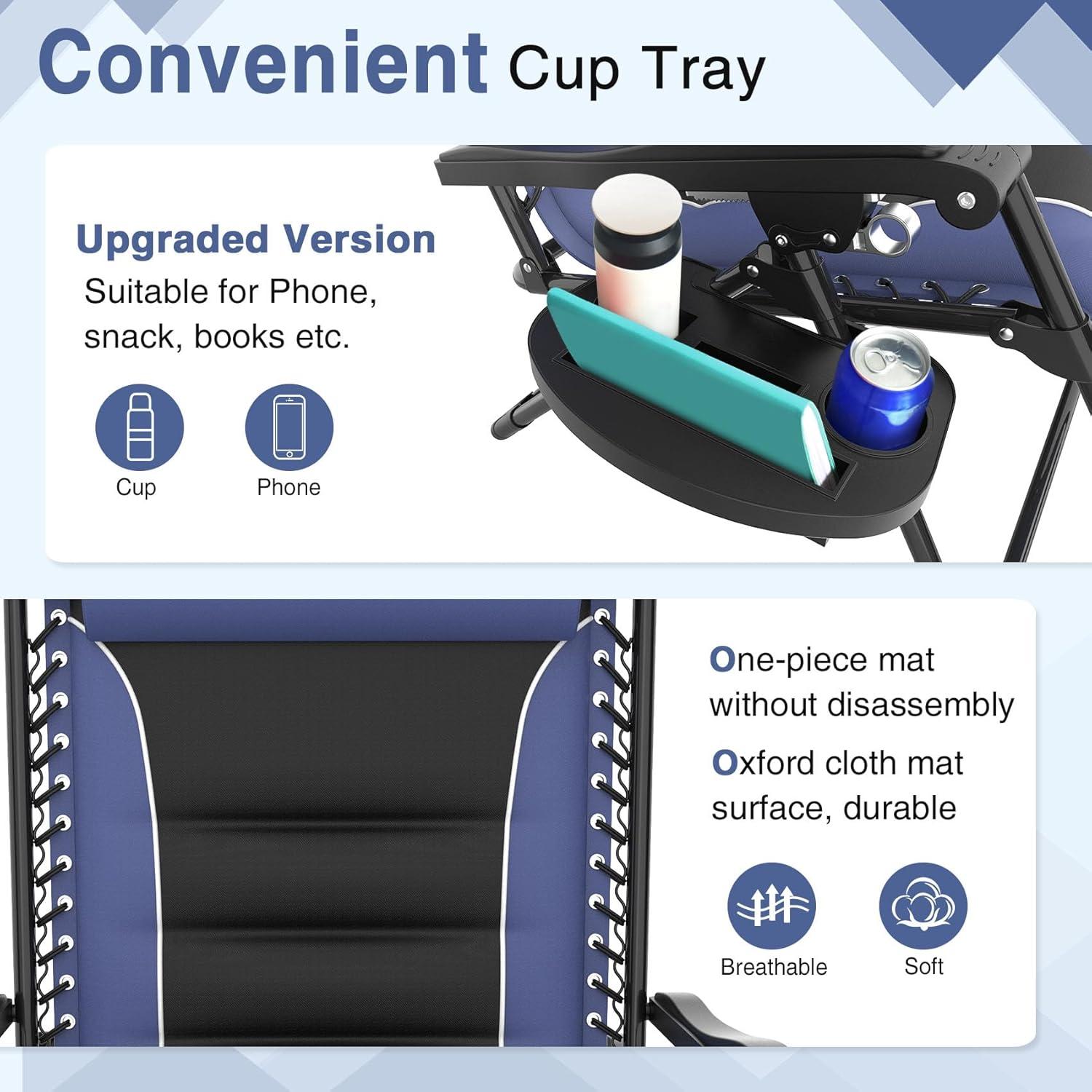 Slendor Oversized Zero Gravity Chair, 29Inch XL Padded Reclining Camping Chair with Cup Holder & Footrest, Folding Outdoor Recliner Reclining Patio Chairs, Anti Gravity Chair, Blue