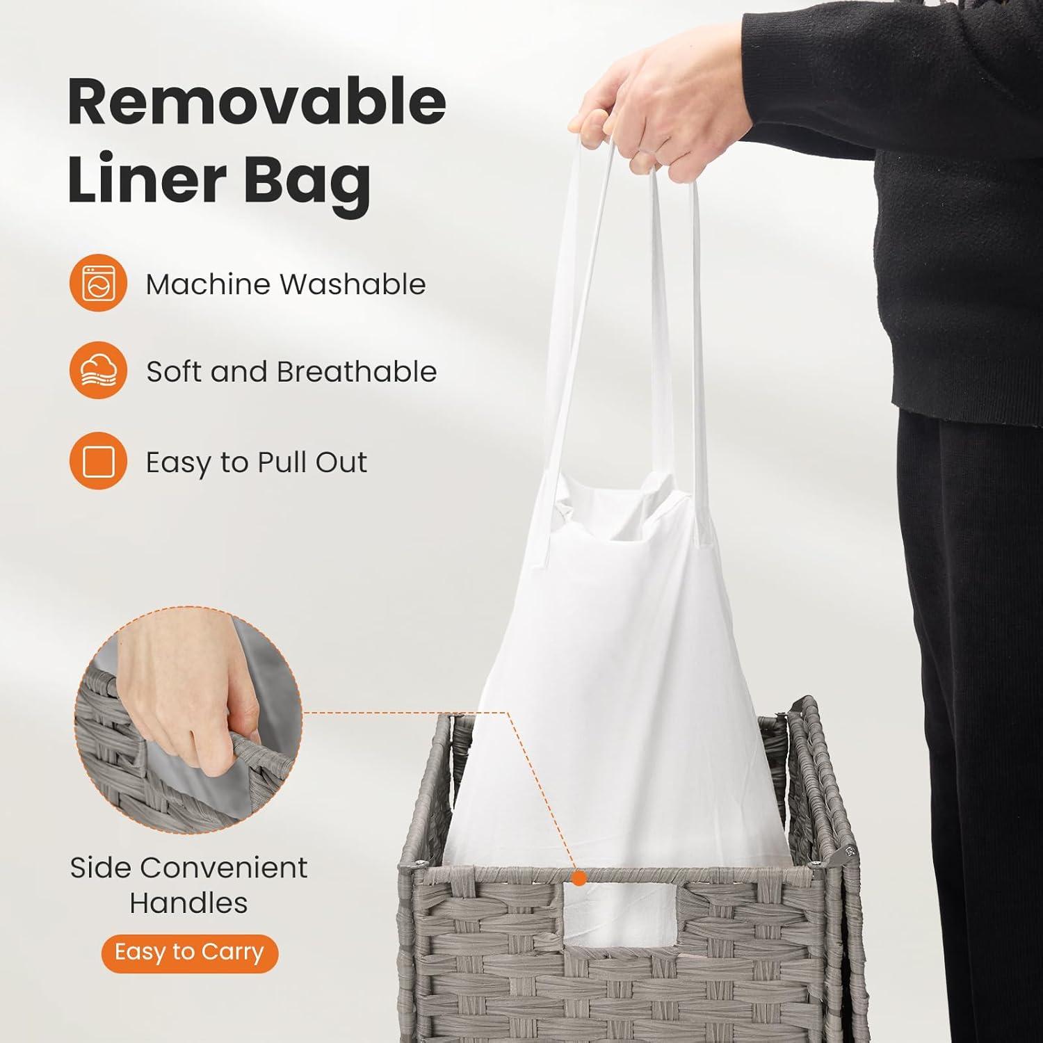 ZUNMOS Laundry Hamper, No Installation Required, with Removable Liner, 90 Liter Hand-Woven Synthetic Rattan Laundry Hamper with Lid and Handle, Collapsible, Gray