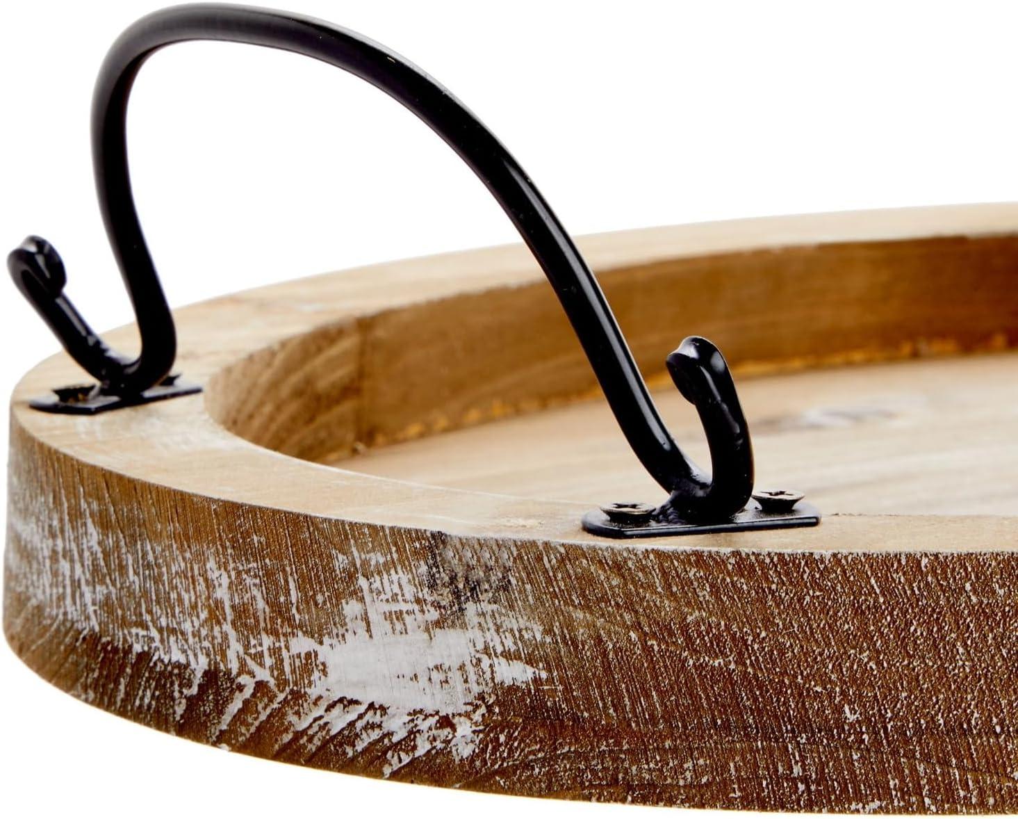 Rustic Oval Wooden Serving Tray with Black Handles