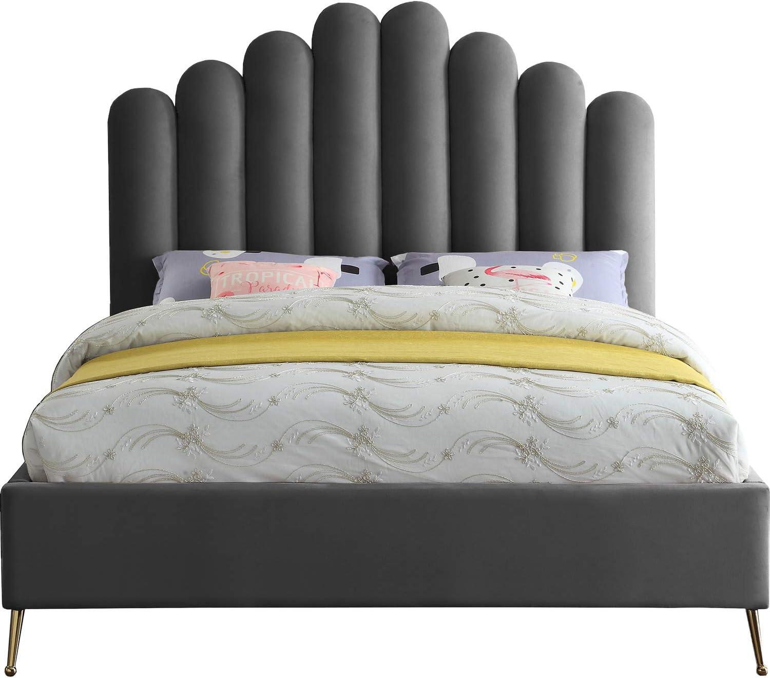 Elegant Grey Velvet Queen Bed with Gold Metal Frame and Tufted Headboard