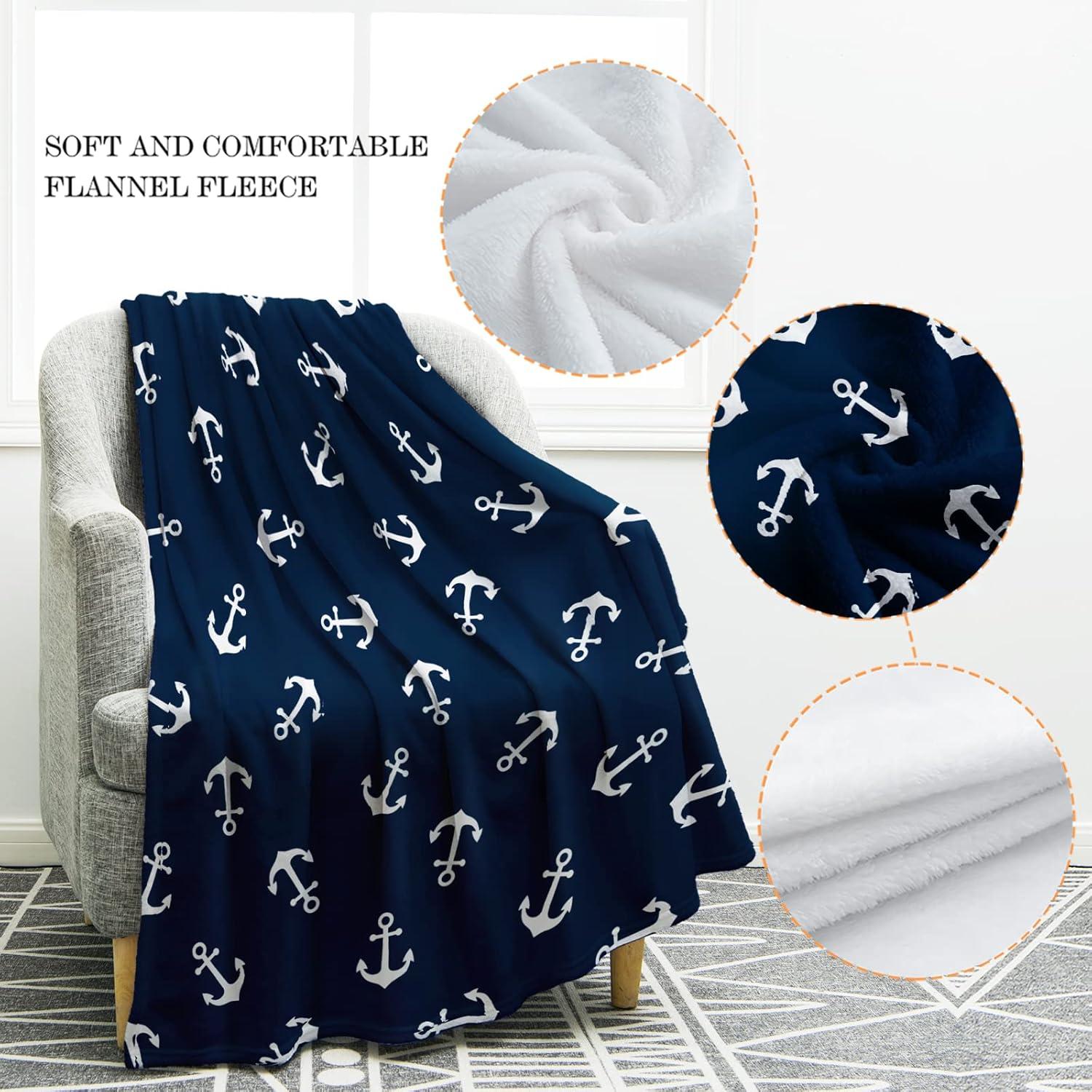 Navy Blue Nautical Anchor Flannel Throw Blanket 50"x60"