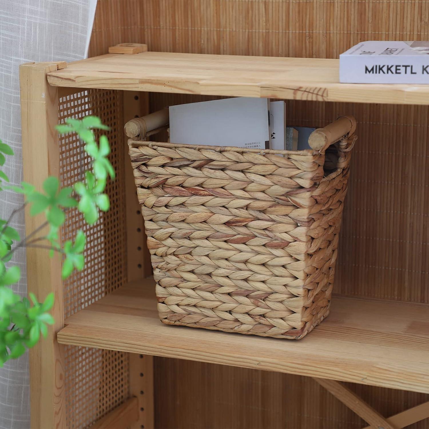 Handmade Water Hyacinth Woven Storage Basket with Wood Handles