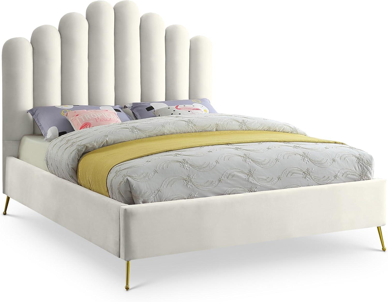 Meridian Furniture Contemporary Velvet Upholstered Platform Bed with Sturdy Gold Steel Legs and Deep Channel Tufted Headboard