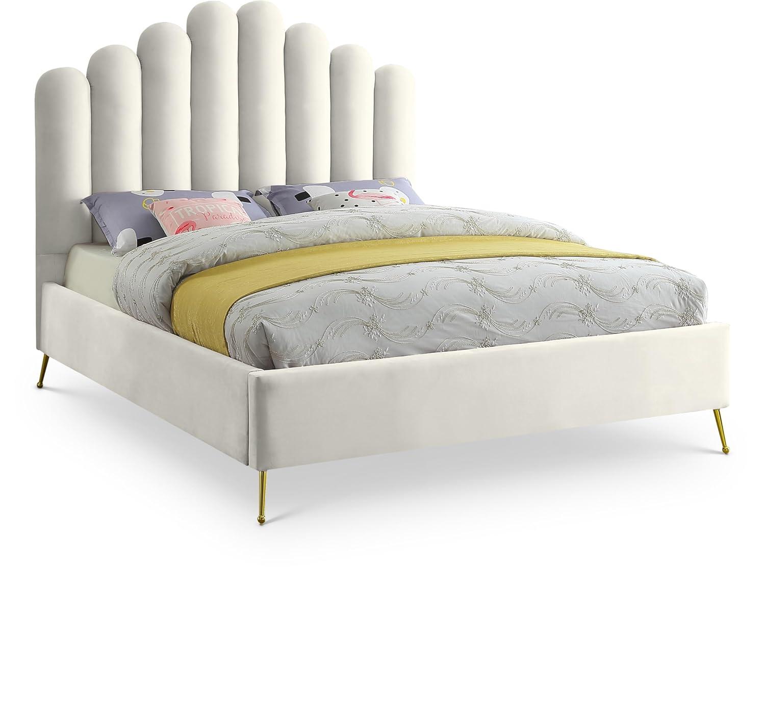 Meridian Furniture Contemporary Velvet Upholstered Platform Bed with Sturdy Gold Steel Legs and Deep Channel Tufted Headboard