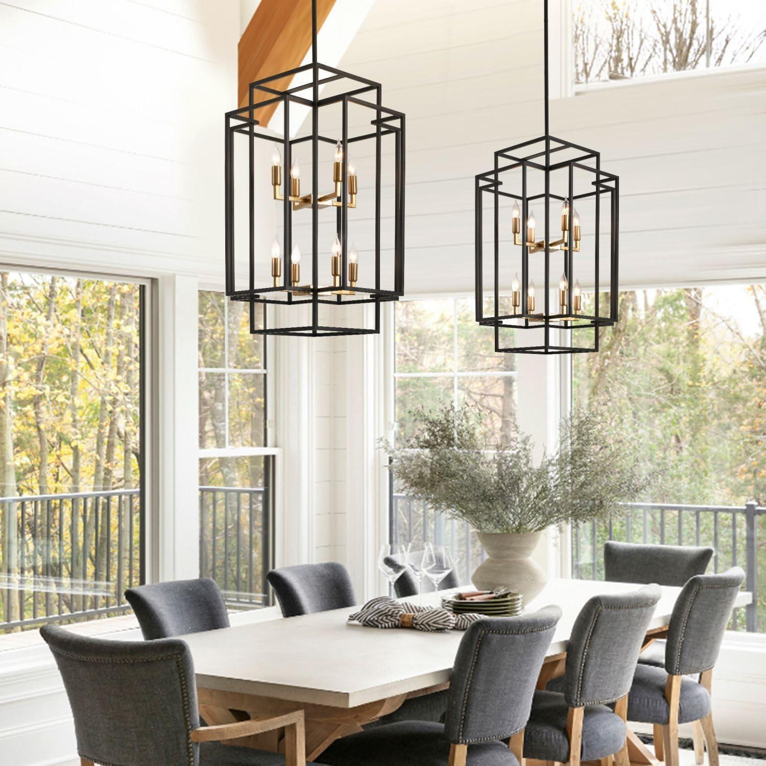 8-Light Lantern Tiered Pendant Light Fixtures, Black Metal Farmhouse Chandelier Hall Foyer Hanging Chandelier for Kitchen Island Dining Room Living Room Foyer Entryway, Black+Gold