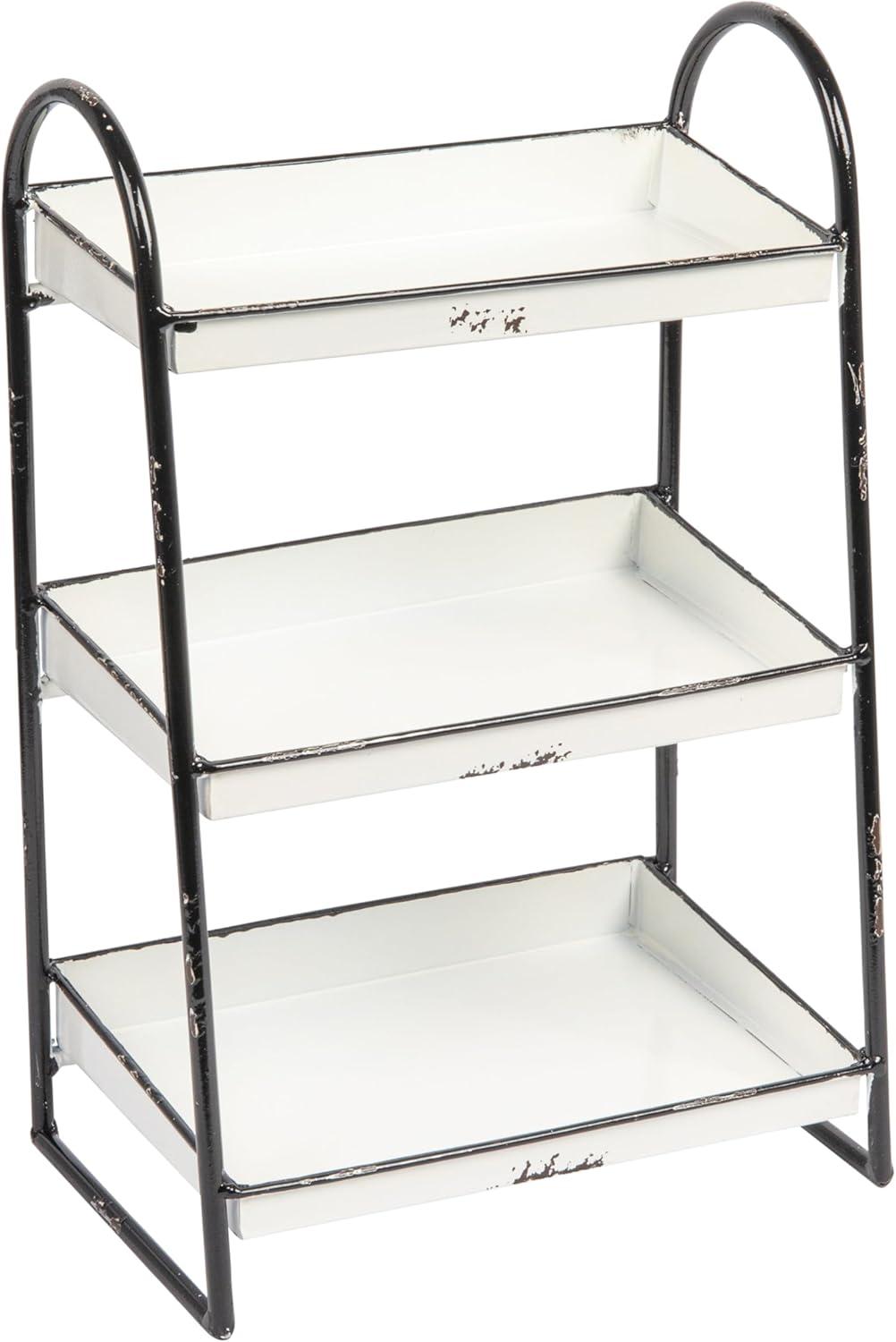 Storied Home 3-Tier Metal Tray with Black Frame and Rim Heavily Distressed White: Fixed Shelves, No Assembly Required