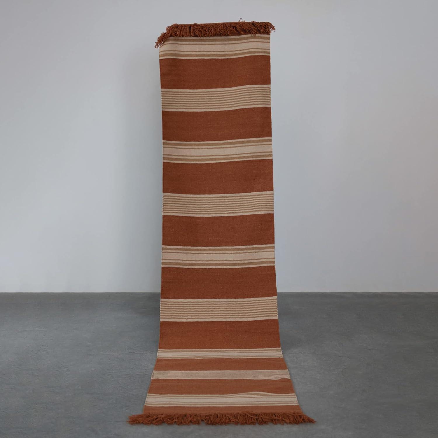 Creative Co-Op Handwoven Wool and Cotton Kilim Floor Runner and Fringe, Sienna and Camel