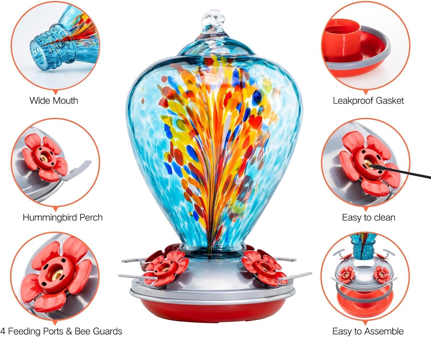 Hand Blown Multicolor Glass Hanging Hummingbird Feeder