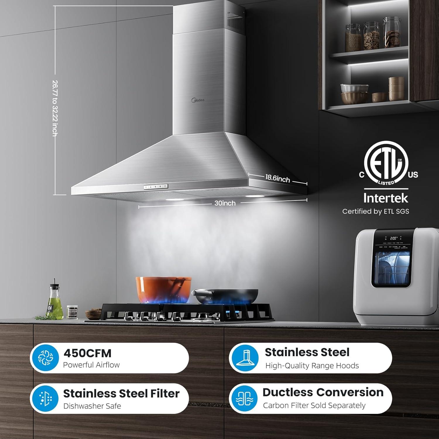 Midea MVP30W6AST 30" Pyramid Range Hood, 450 CFM, 3 Speed Fan, Ductless Convertible