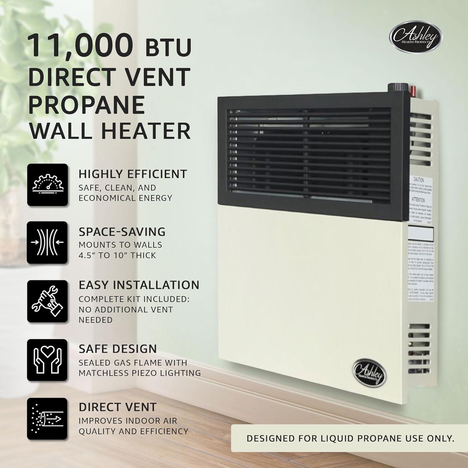 Ashley Hearth Products 11,000 BTU Direct Vent Liquid Propane Wall Mounted Heater with Piezo Lightning, Safety Pilot and Built-In Regulator, Cream