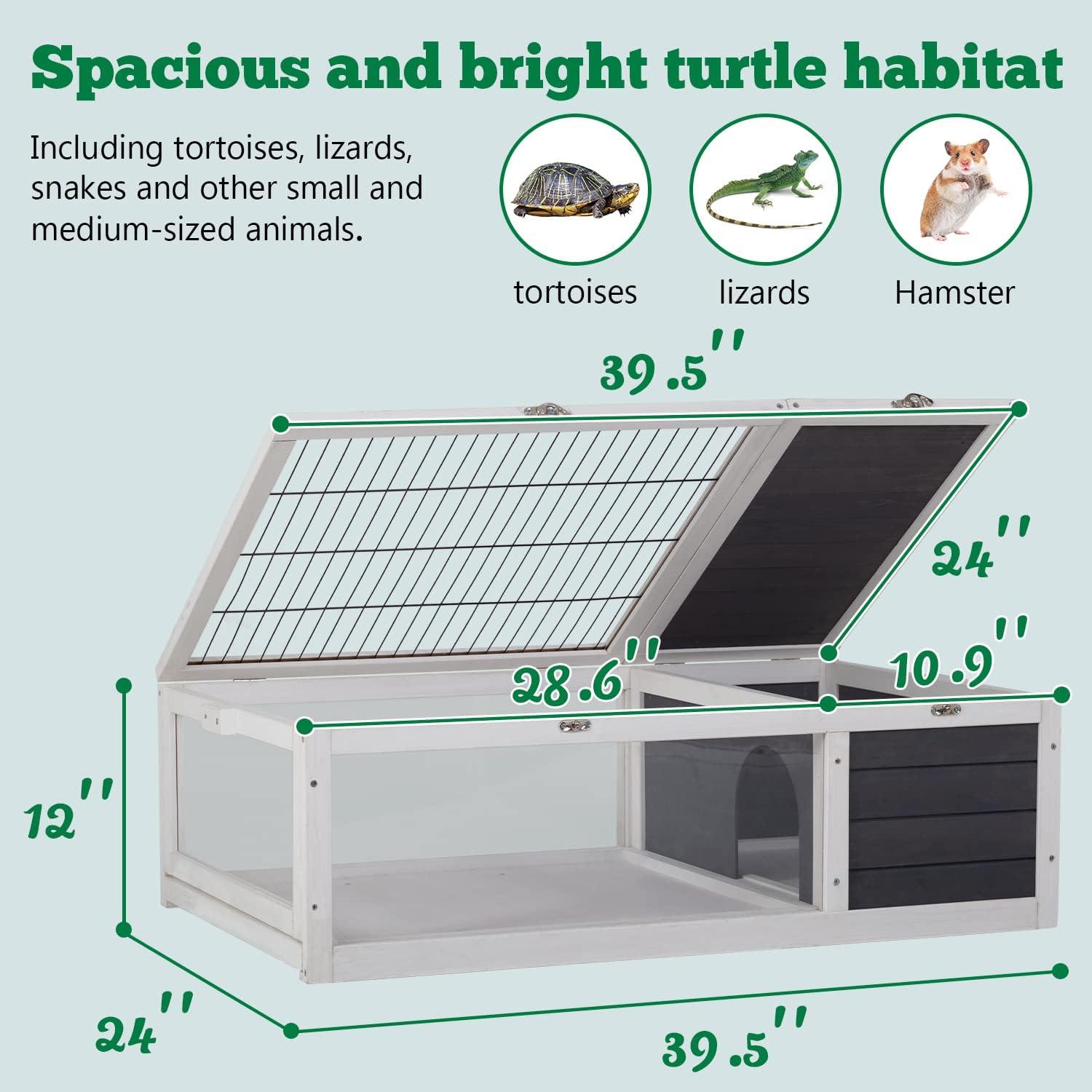 FDW Wooden Tortoise Habitat Large Transparent Tortoise Enclosure, Activity Area and Removable Tray for Small and Medium-Sized Animals,Gray