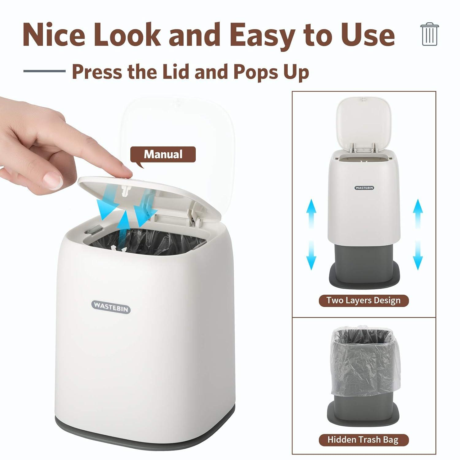Mini Countertop Trash Can with 3 Rolls of Trash Bags, Waste Can with Press Type Lid, 1.5 L / 0.40 Gal Wastebasket Dispenser, Bin for Coffee Table, Bathroom Vanity Top (White)