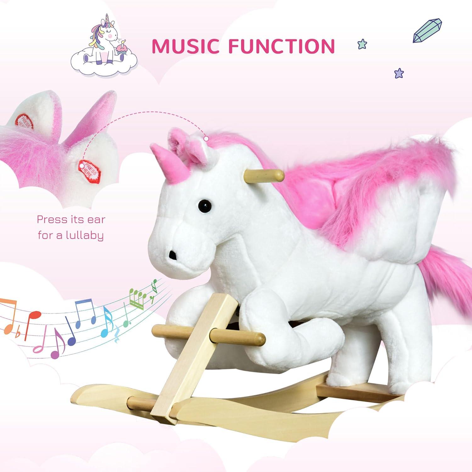 Qaba Kids Rocking Horse, Wooden Plush Ride-On Unicorn Chair Toy with Lullby Song for 18-36 months children