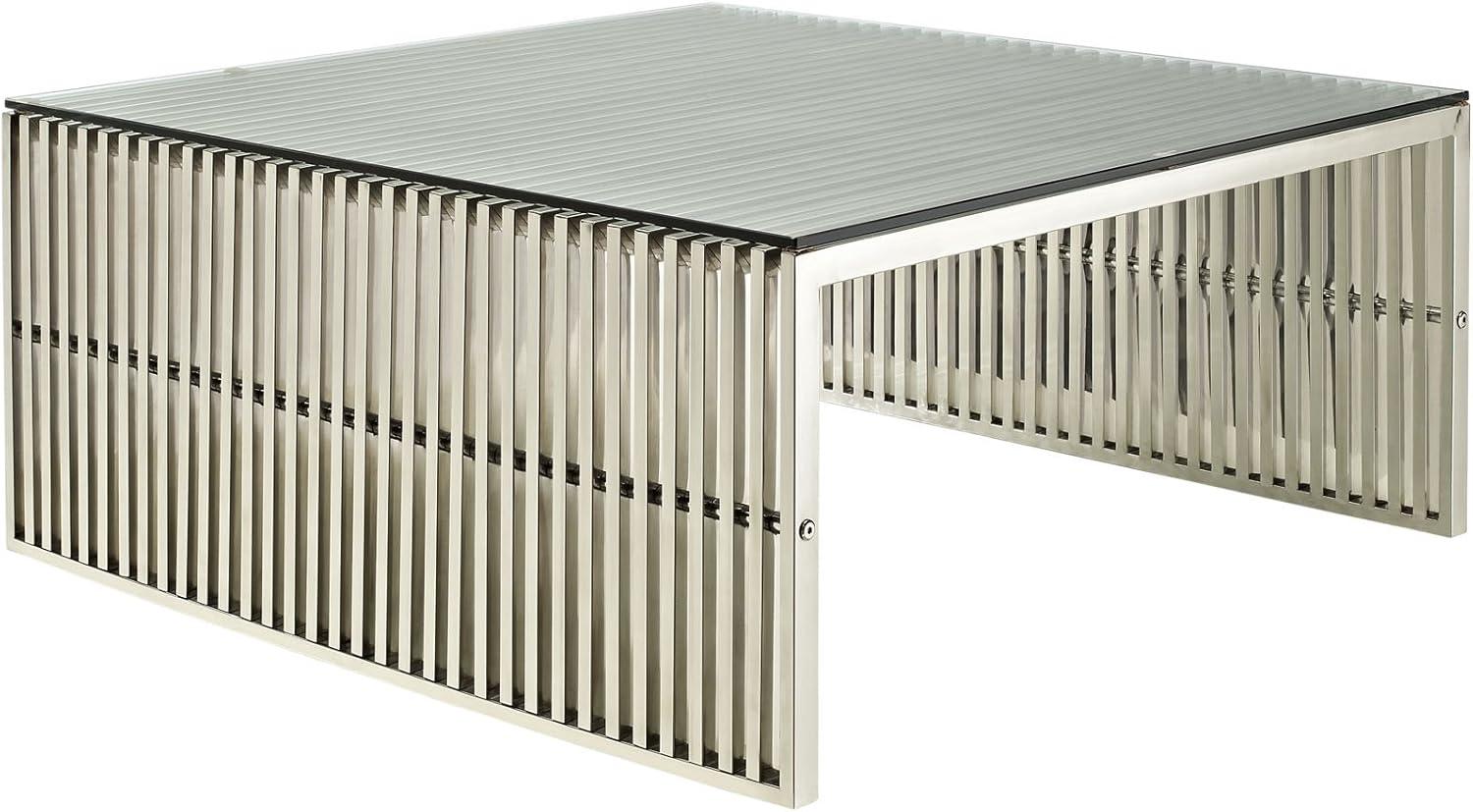 Gridiron 39.5" Square Stainless Steel and Glass Outdoor Coffee Table