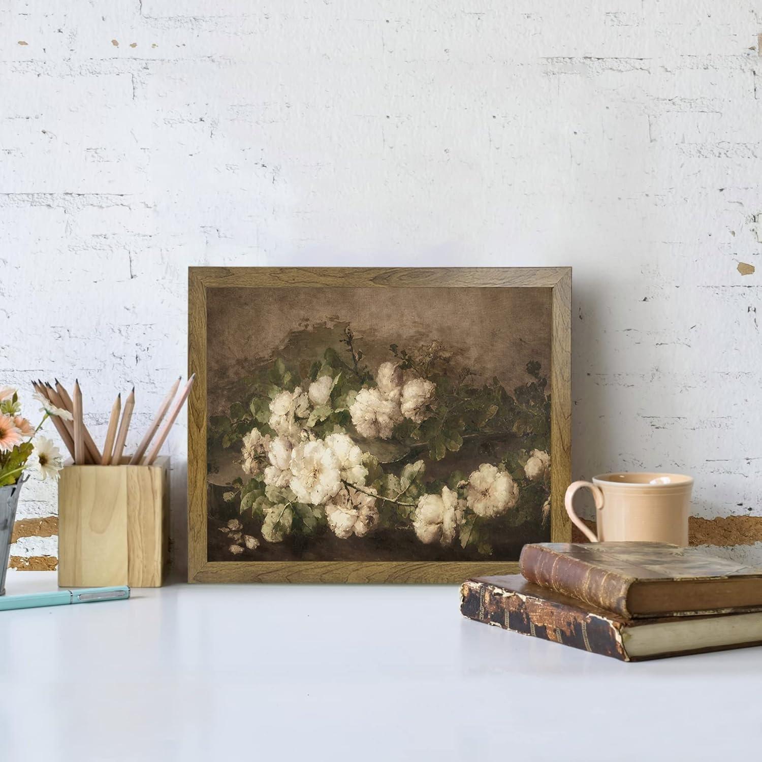 Vintage White Floral Landscape Canvas Print with Brown Frame