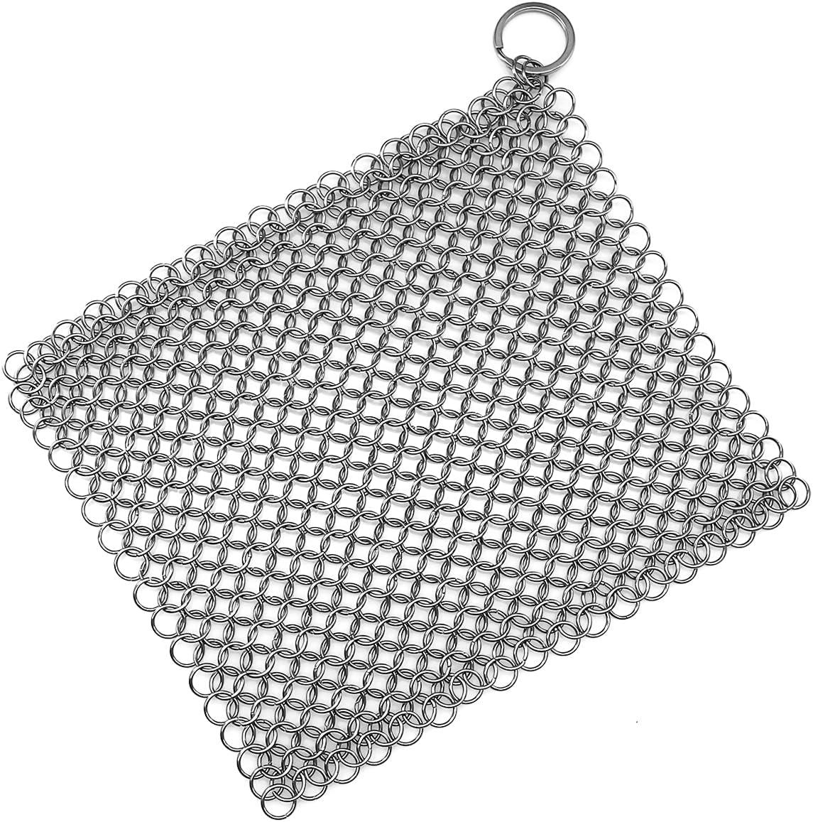 Cast Iron Scrubber 316 Stainless Steel Skillet Cleaner 8"x6" Chainmail Scrubber Scraper Chain Mail Link Scrub for Cast Iron Pre-Seasoned Pans, Griddles, BBQ Grills, and Pot Cookware Cleaning