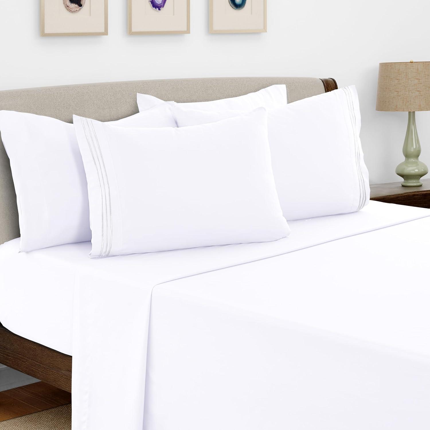 Lux Decor Collection King Bed Sheets, Premium Ultra-Soft Wrinkle Resistant Microfiber King Sheets Set, White