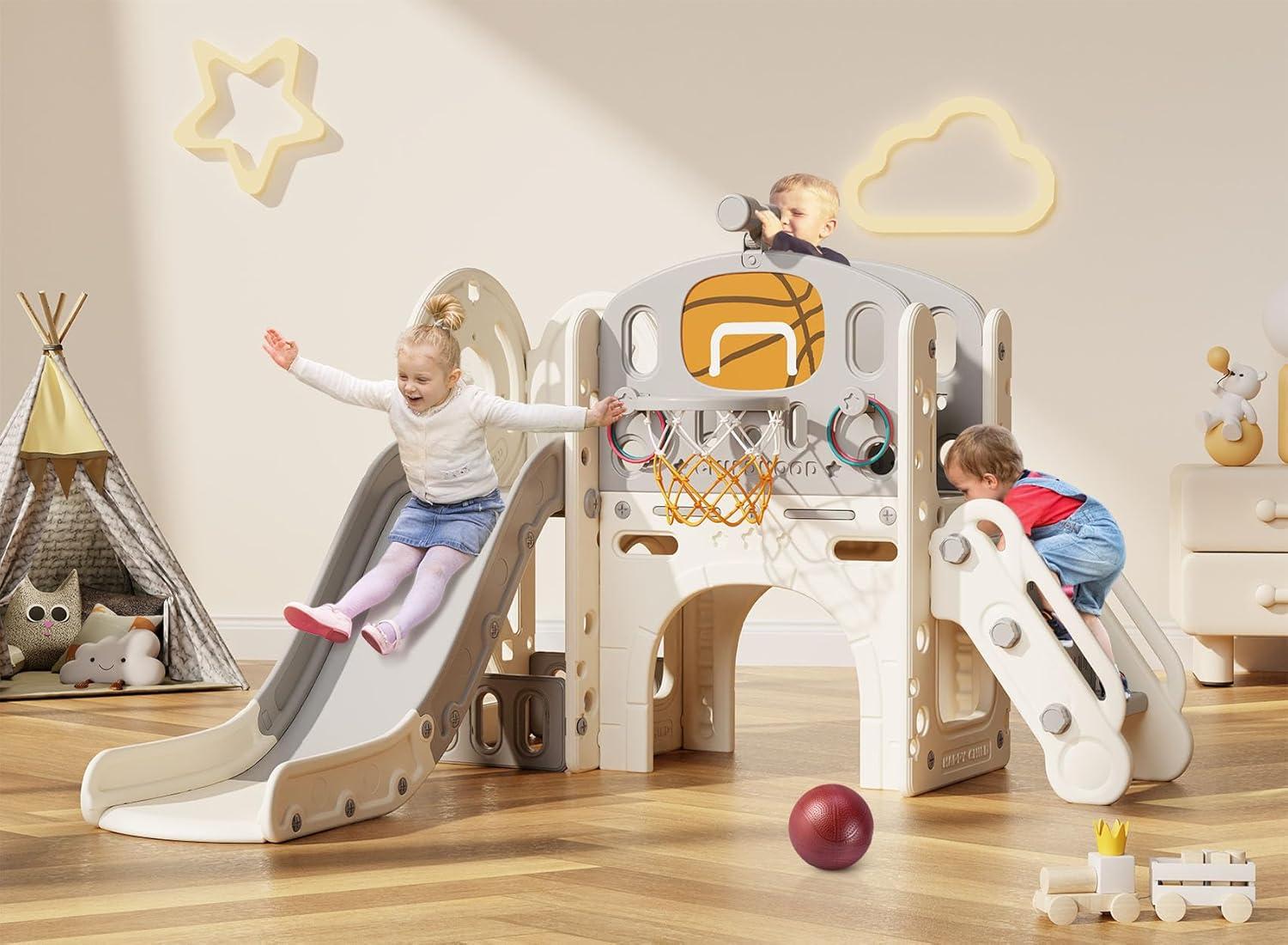 9-in-1 Beige and Gray Toddler Playset with Slide and Basketball Hoop