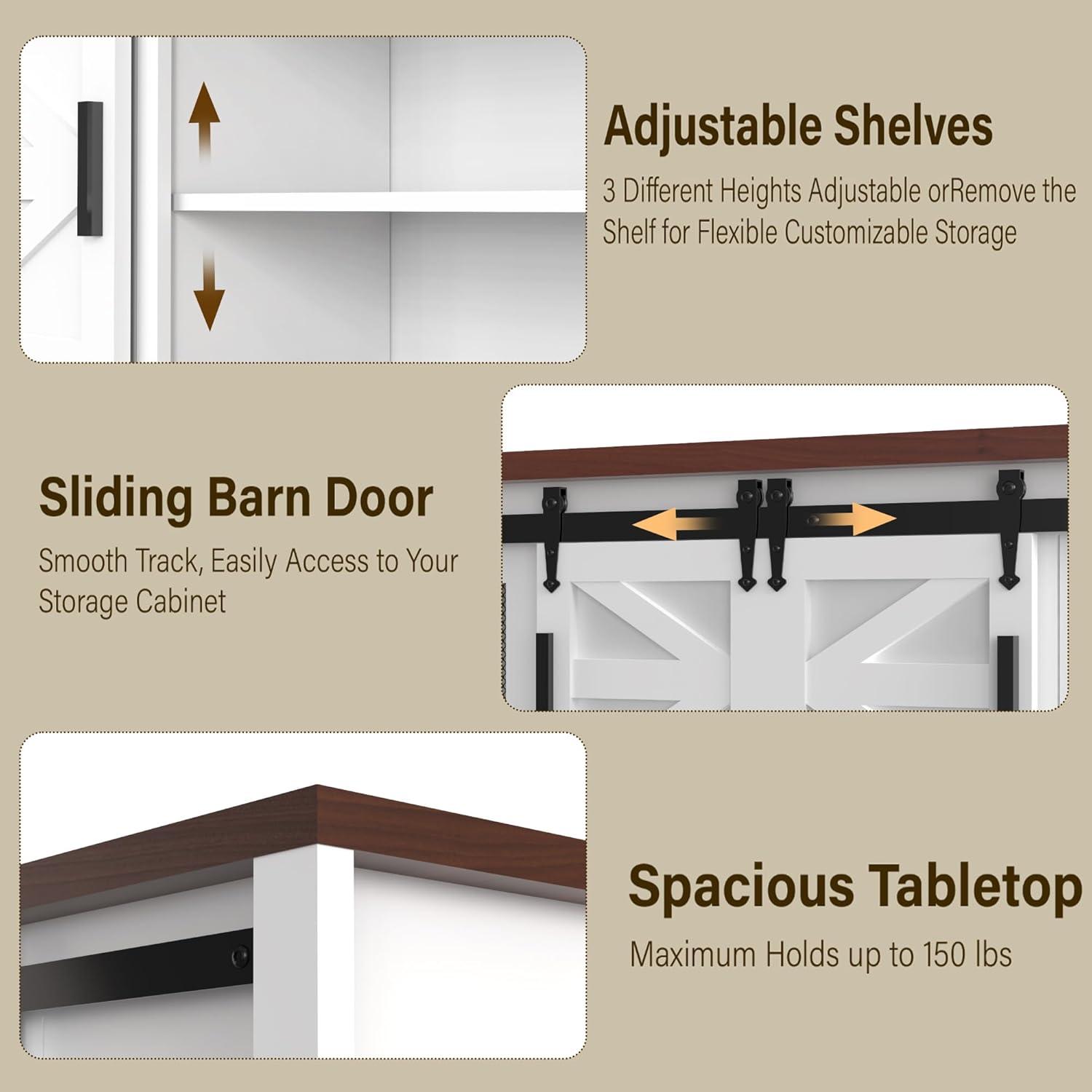 White and Brown Wood Farmhouse TV Stand with Sliding Barn Doors