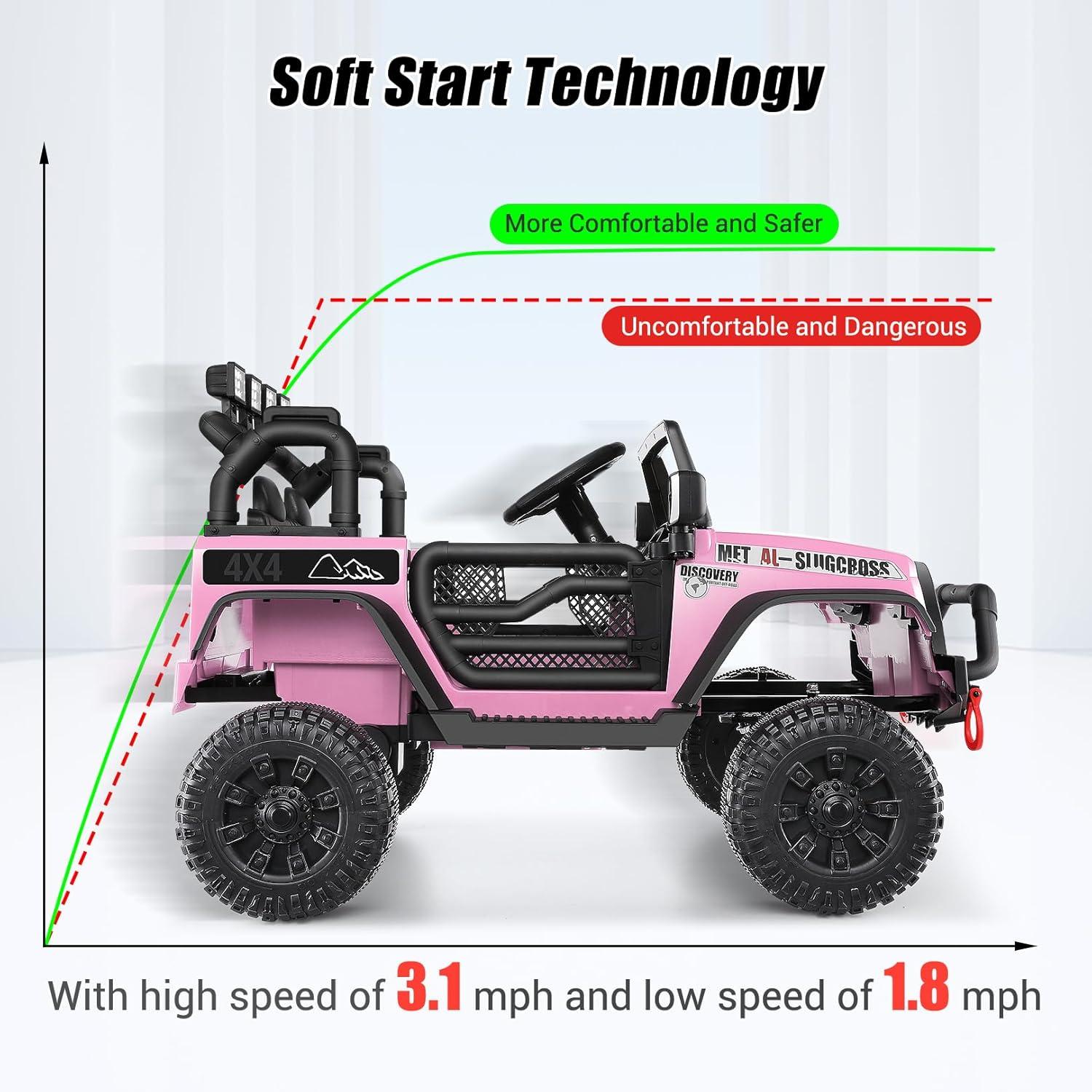 Kids Electric Cars Ride on Jeeps, 12V Ride On Car Truck with Remote Control, Battery Power Car Wheels w/Bluetooth, Music, 3 Speeds, Suspension, Electric Vehicles Toys for Girls, Pink