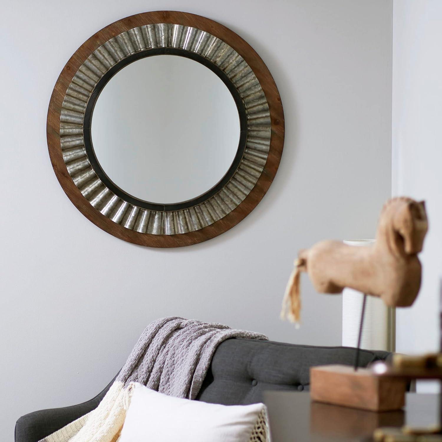 Bronze Gold Sunburst Round Wood Wall Mirror 31.38"