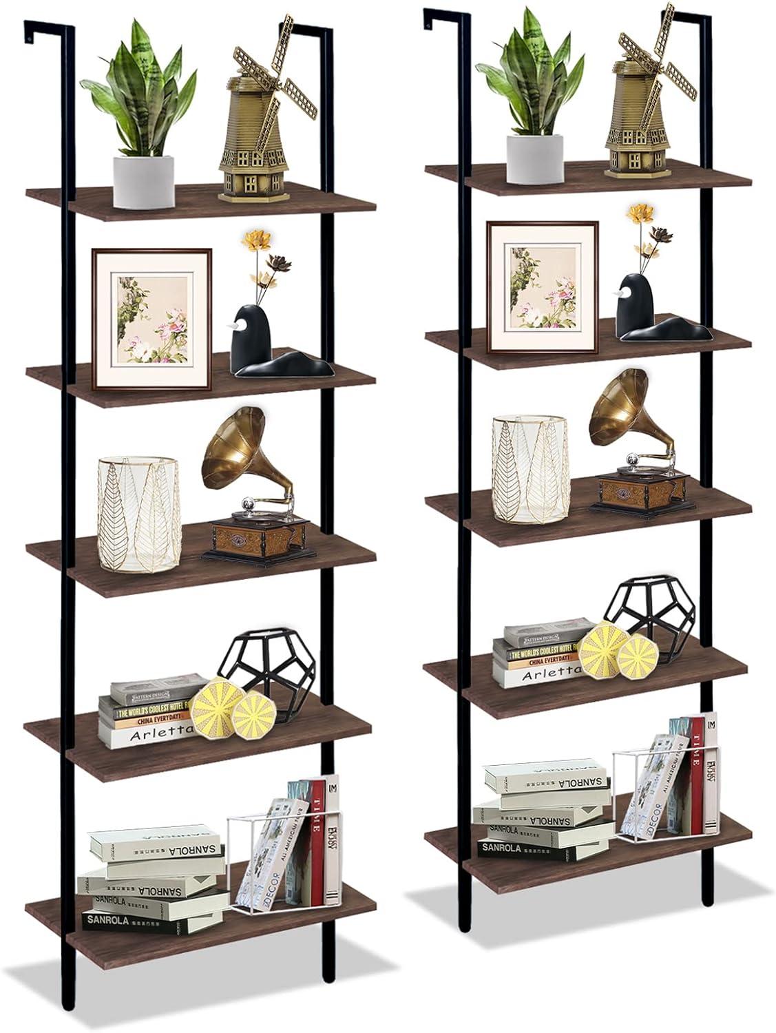 5-Tier Brown and Black Wall-Mounted Ladder Shelf