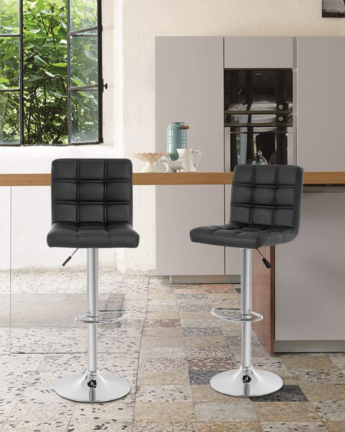 FDW Bar Stool Height Adjustable Swivel Stool with Back PU Leather Kitchen Counter Stools Set of 2 Dining Chairs, Black