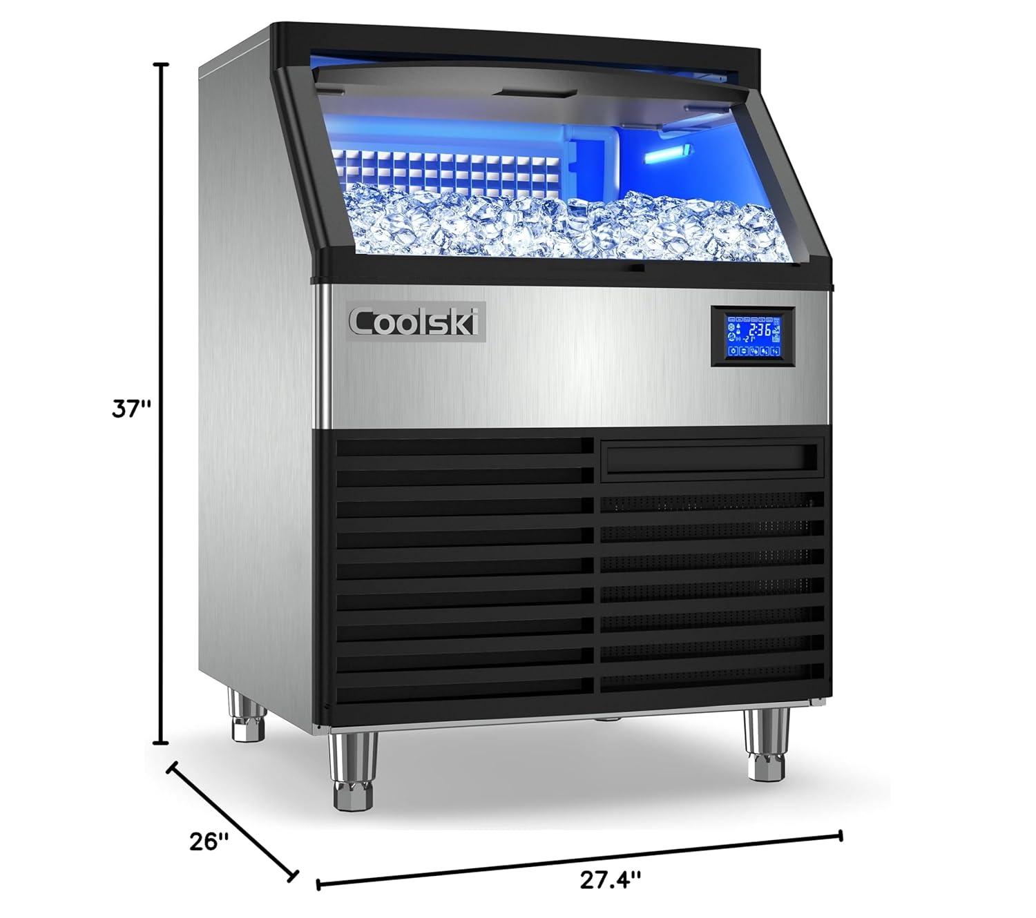 Coolski Commercial Ice Maker 200lbs/24h, 26’’ Under Counter Ice Machine with 80lbs Storage Capacity