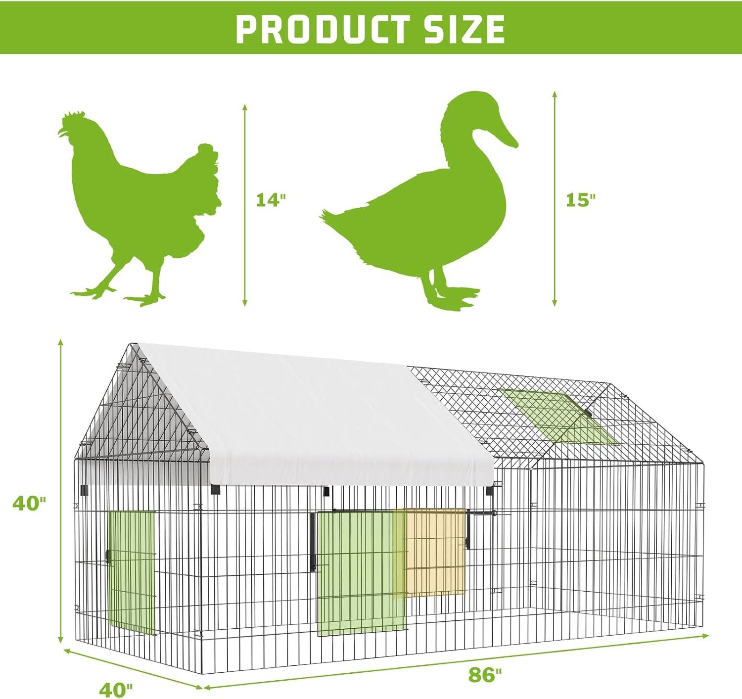 Metal Chicken Coop, 86 x 40 x 40 Inch Chicken Run for Yard with Waterproof Cover, Outdoor Portable Chicken Pen with 4 Doors, 1 Window, Chicken House for Small Animals Duck, Rabbit, Hen