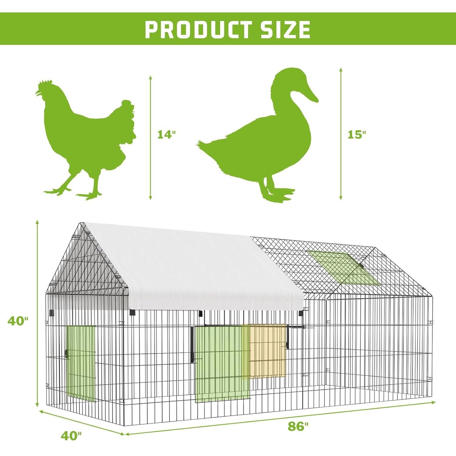 Metal Chicken Coop, 86 x 40 x 40 Inch Chicken Run for Yard with Waterproof Cover, Outdoor Portable Chicken Pen with 4 Doors, 1 Window, Chicken House for Small Animals Duck, Rabbit, Hen