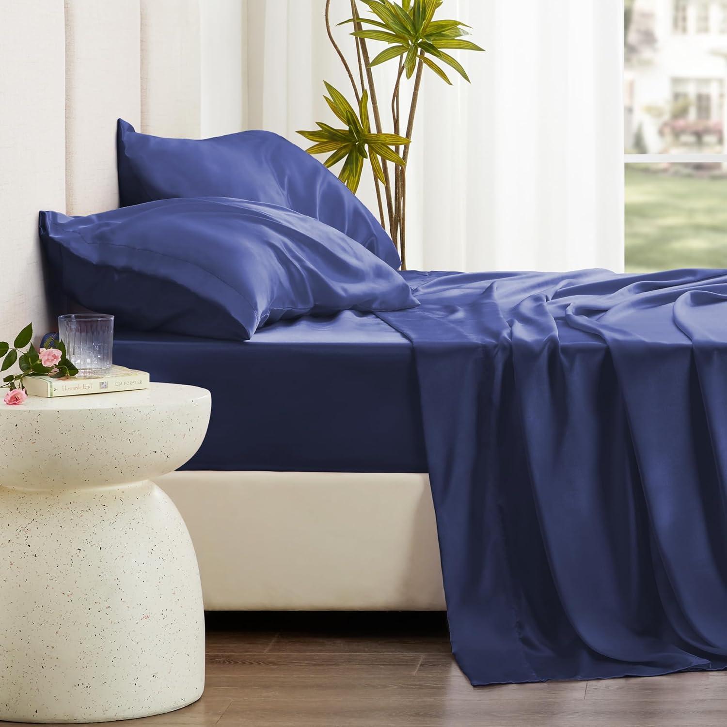 Satin Bed Sheets Full Size Sheet Sets, Navy Blue Silk Sheets, 4 - Pieces Soft Bedding Set with 1 Deep Pocket Fitted Sheet,1 Flat Sheet,2 Pillowcase