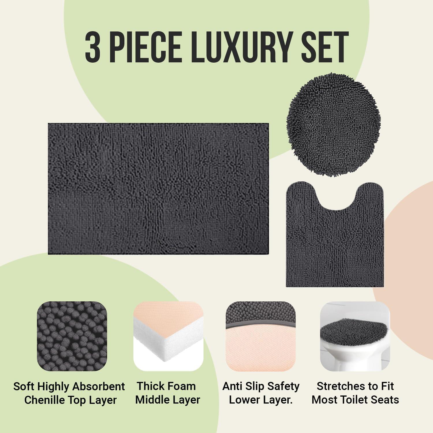 ITSOFT 3pc Non-Slip Shaggy Chenille Bathroom Mat Set, Includes 24 x 21 Inches U-Shaped Contour Toilet Rug, 34 x 21 Inches Bathmat and 1 Toilet Lid Cover, Spa Blue